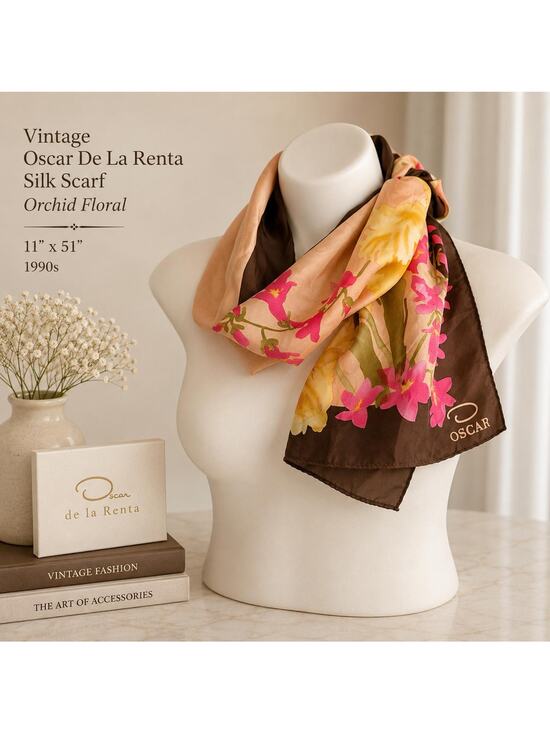 Oscar de la Renta Accessories - Vintage Oscar De La Renta Silk Scarf 11x51 Orchid Floral Pink Brown 1990s